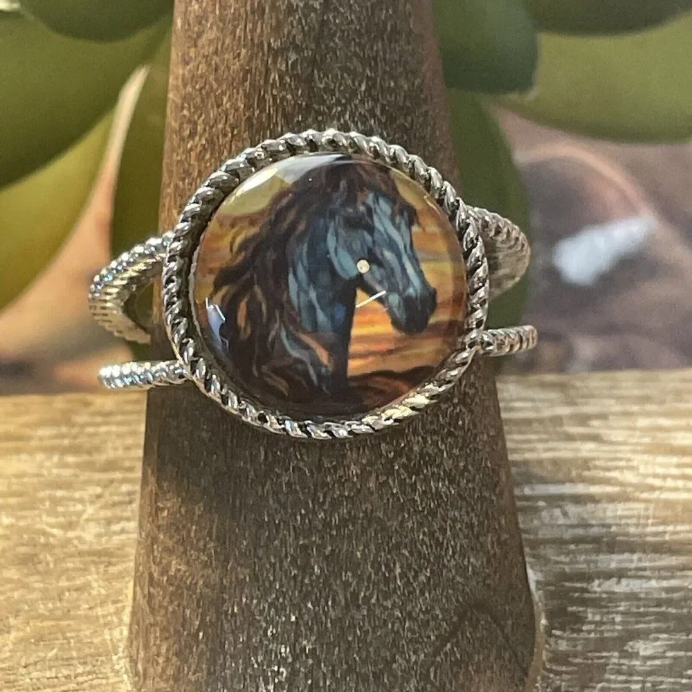 Stained Glass Horse Silver-Tone Ring in Blue and Brown